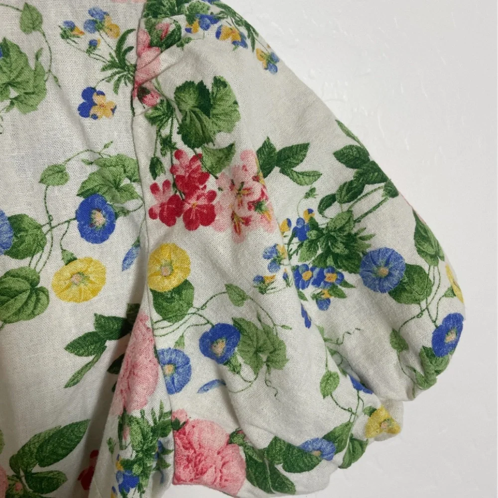 Floral Puff-Sleeve Mini Floral Cottage Peasant Picnic Summer Flower Wrap Dress_2